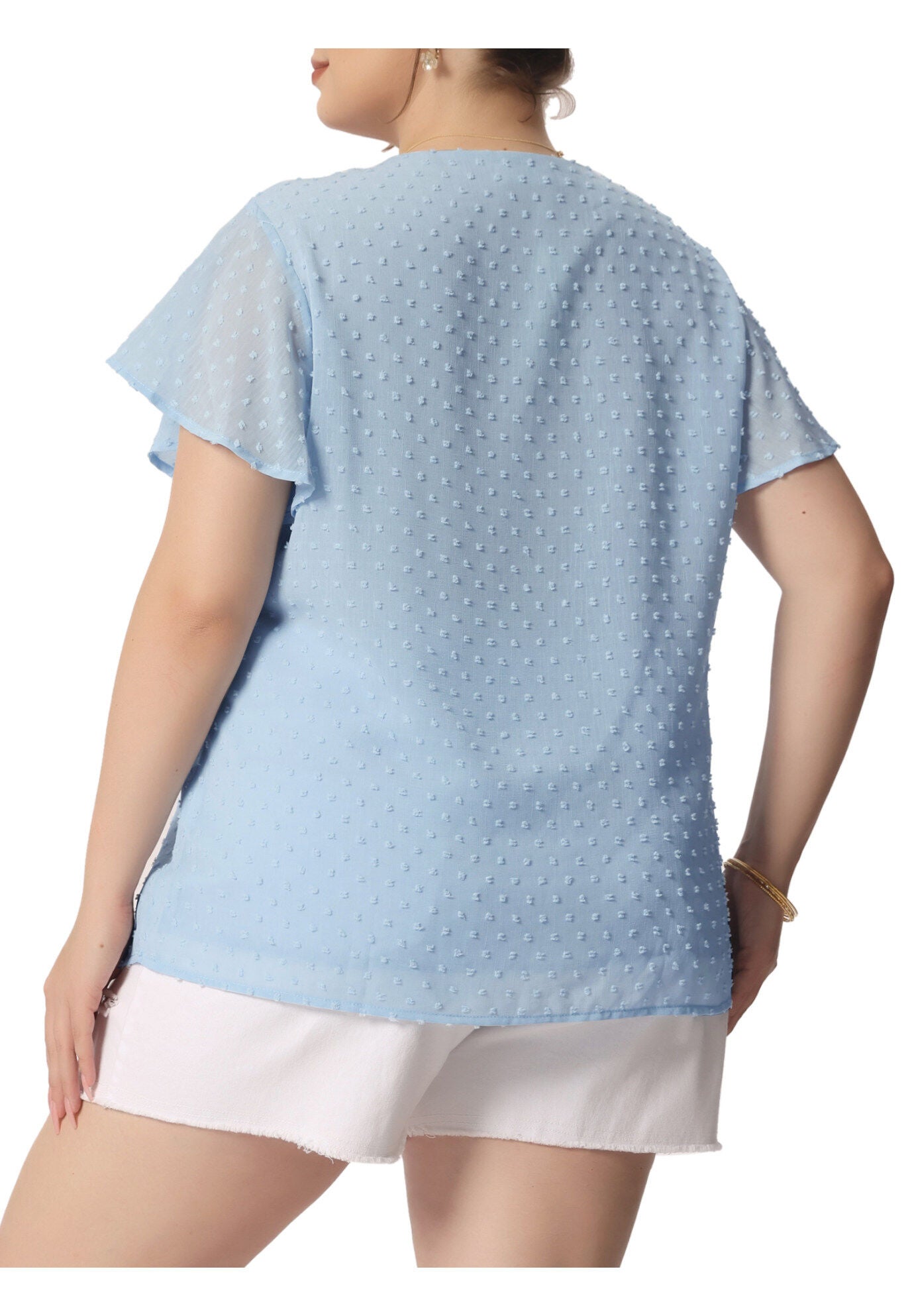 Swiss Dots Blouse V Neck Summer Short Sleeve Casual Top, Sky Blue / Light Blue, alternate image number 3
