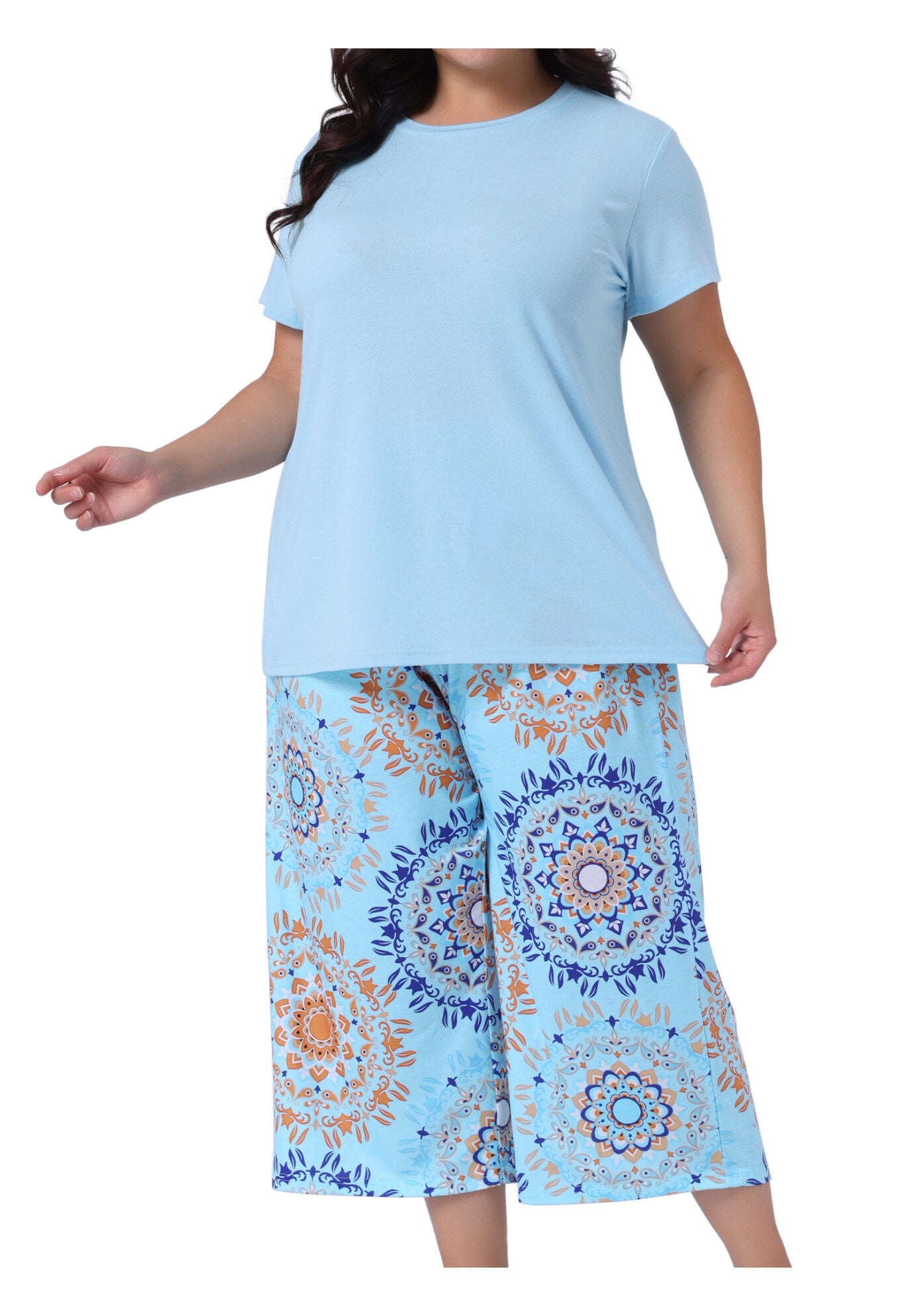 Short Sleeve Tops Pants Two-Piece Pajamas Set, Blue / Azure Blue, alternate image number 1