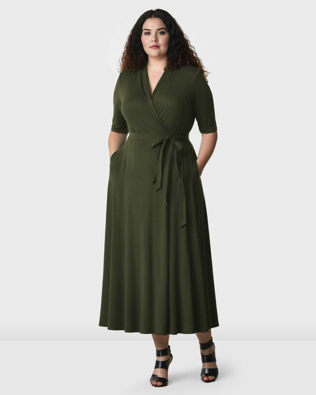 Cotton knit wrap midi dress, Deep loden green / Kelly Green, hi-res image number 0