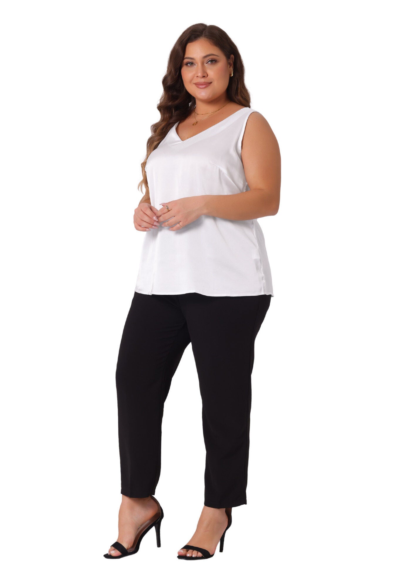 Satin Tank Top V Neck Casual Sleeveless Cami, White / White, hi-res image number 0