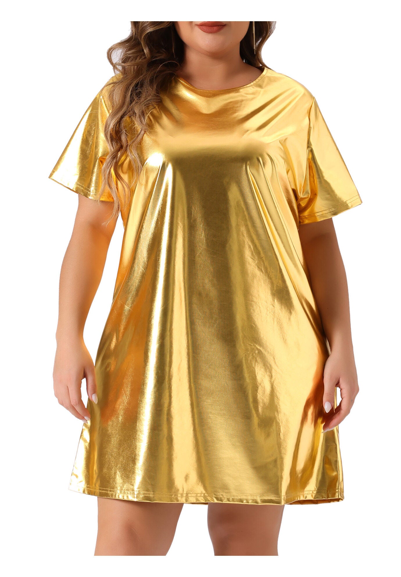 Metallic Round Neck Short Sleeve Loose Mini T-Shirt Dress, Gold / Gold, alternate image number 2
