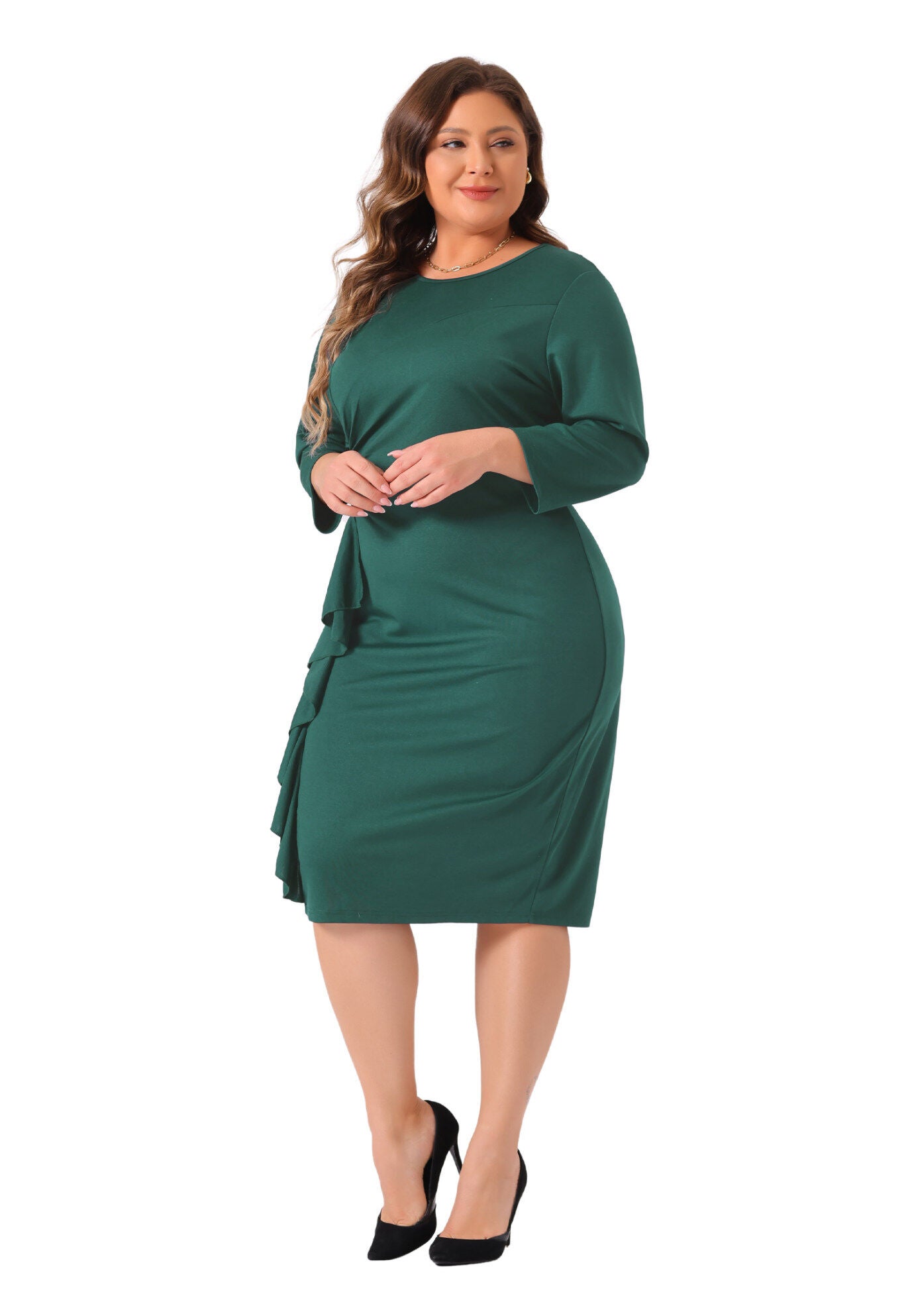 3/4 Sleeve Ruffle Midi Pencil Bodycon Cocktail Dress, Dark Green / Forest Green, hi-res image number 0