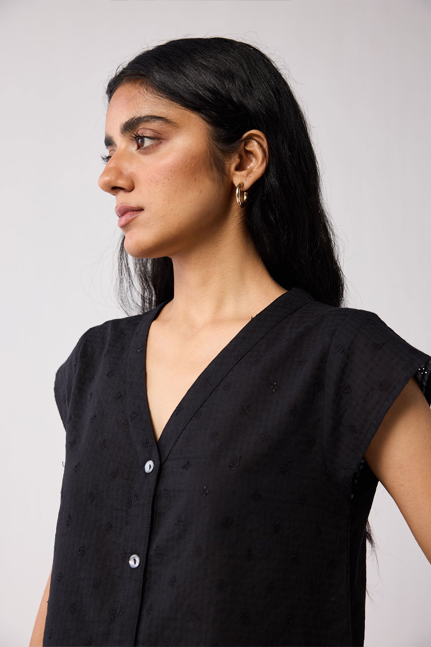 V-Neck Embroidered Top with Front Buttons in Black, Black / Black, alternate image number 4