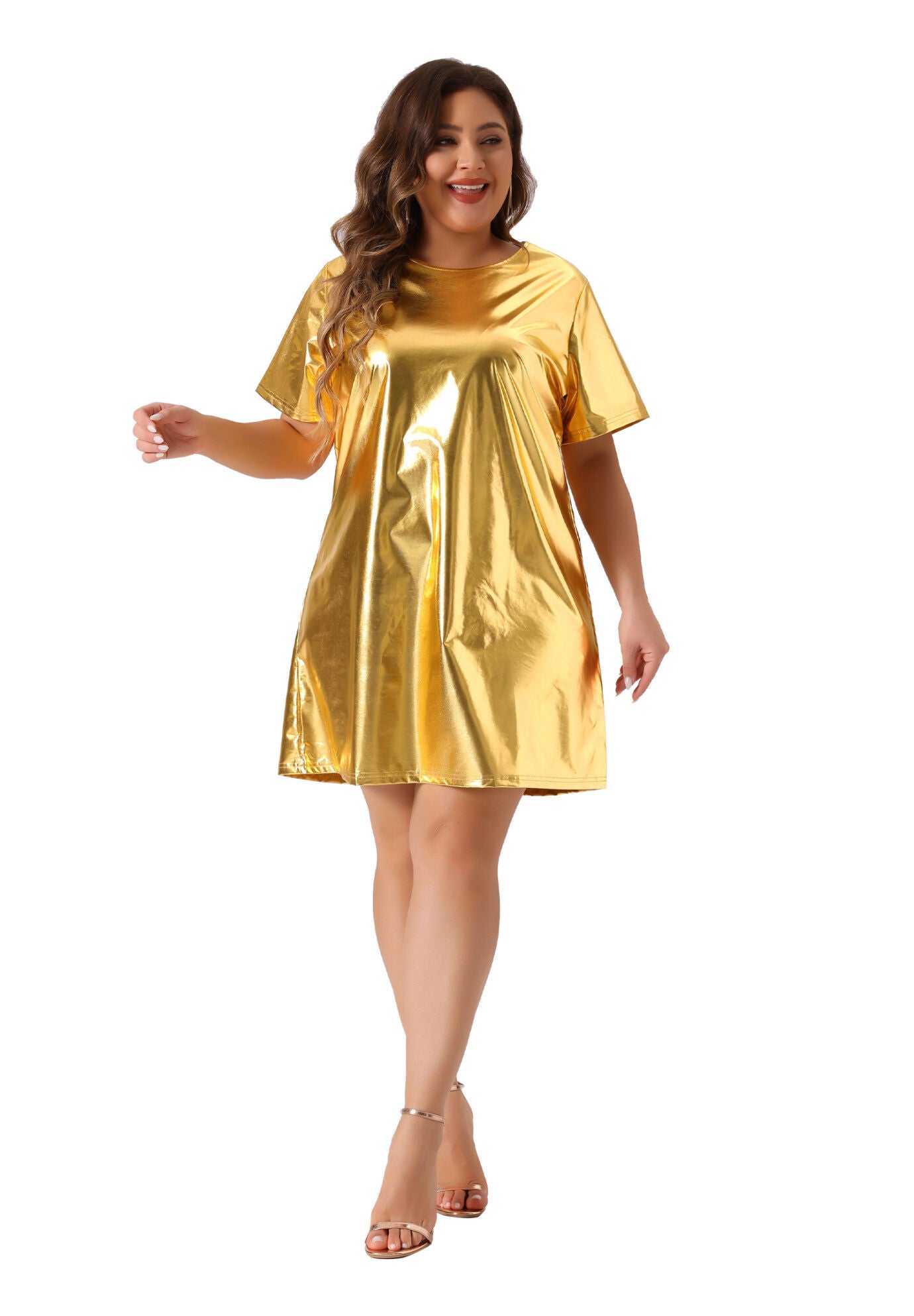 Metallic Round Neck Short Sleeve Loose Mini T-Shirt Dress, Gold / Gold, hi-res image number 0