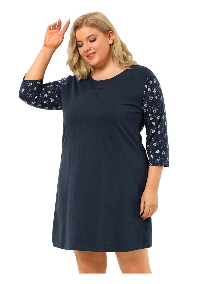 Floral 3/4 Sleeve Sleepwear Nightgown, Navy / Navy, alternate image number null