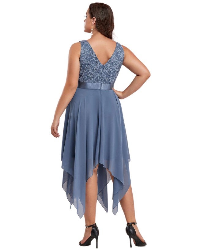 Stunning V Neck Lace Dress with Asymmetrical Hems, Dusty Navy / Dusty Blue, alternate image number 1