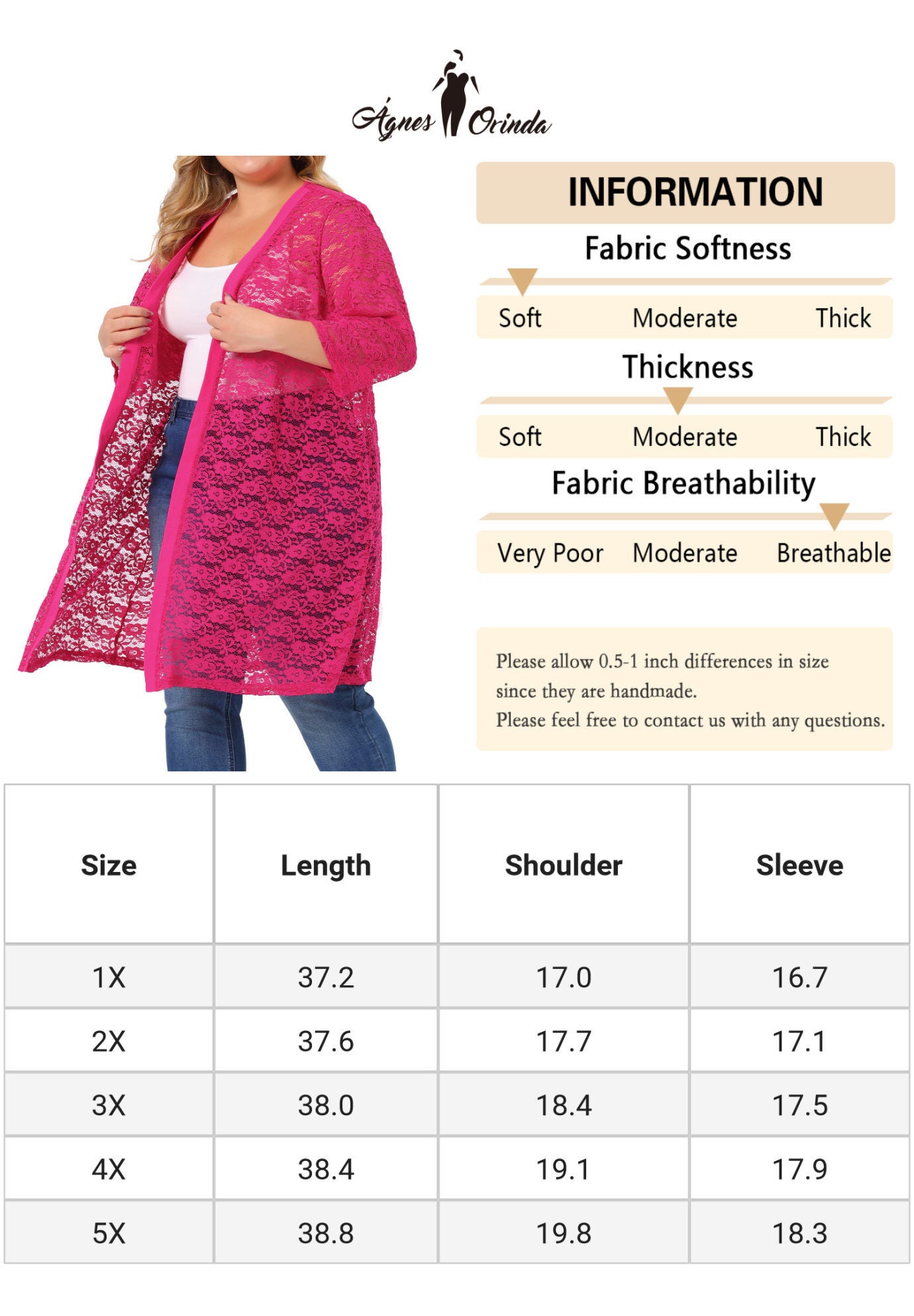 LACE CROCHET 3/4 SLEEVE COVER UP CARDIGAN, Hot Pink / Pink, alternate image number 4