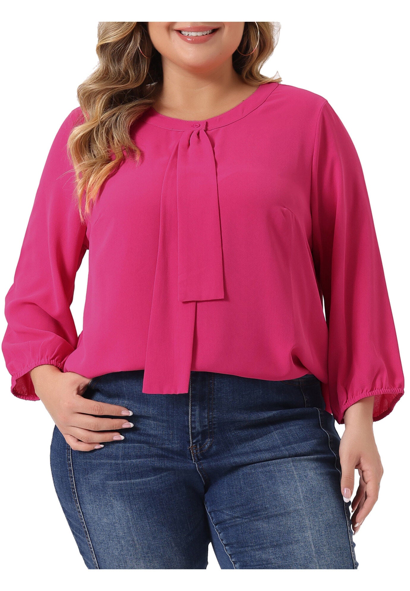 3/4 Sleeve Work Office Tie Front Ruffle Chiffon Blouse Top, Hot Pink / Deep Fuchsia, alternate image number 1
