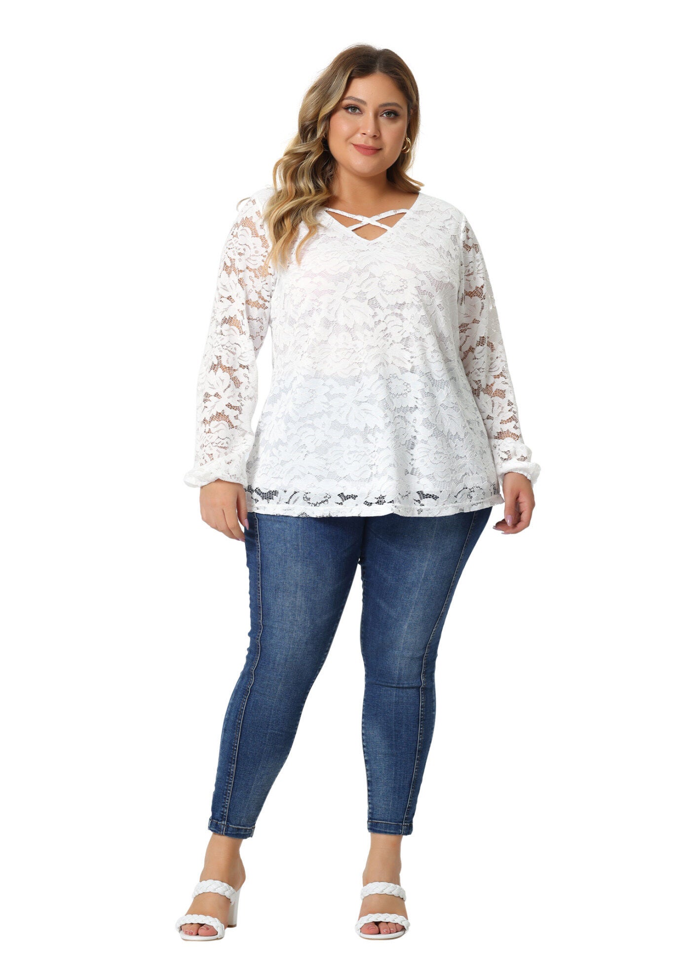 LACE BLOUSE CROSS V NECK SHEER DOUBLE LAYER LONG SLEEVE TOP, , hi-res image number 0
