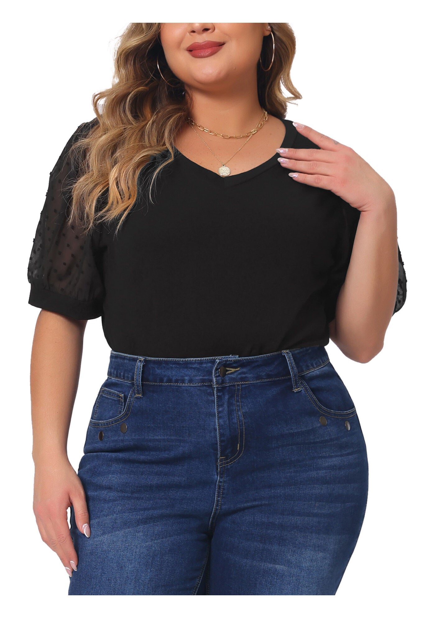 V Neck Swiss Dots Puff Sleeve Loose Top, Black / Black, alternate image number 1