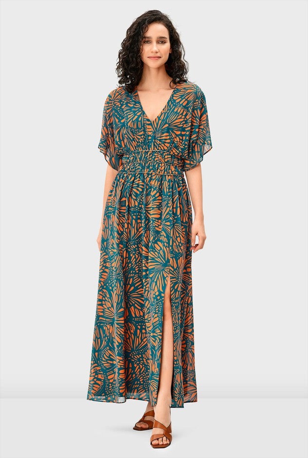 Graphic butterfly print georgette smocked waist dress, Deep teal / Teal, alternate image number null