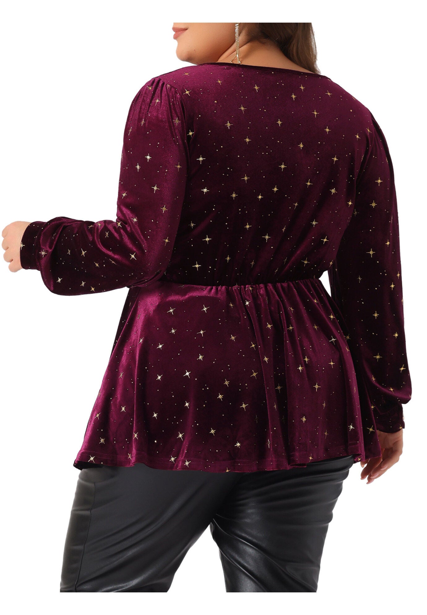 Velvet V Neck Long Sleeve Shiny Metallic Star Blouse Top, Burgundy / Burgundy, alternate image number 3