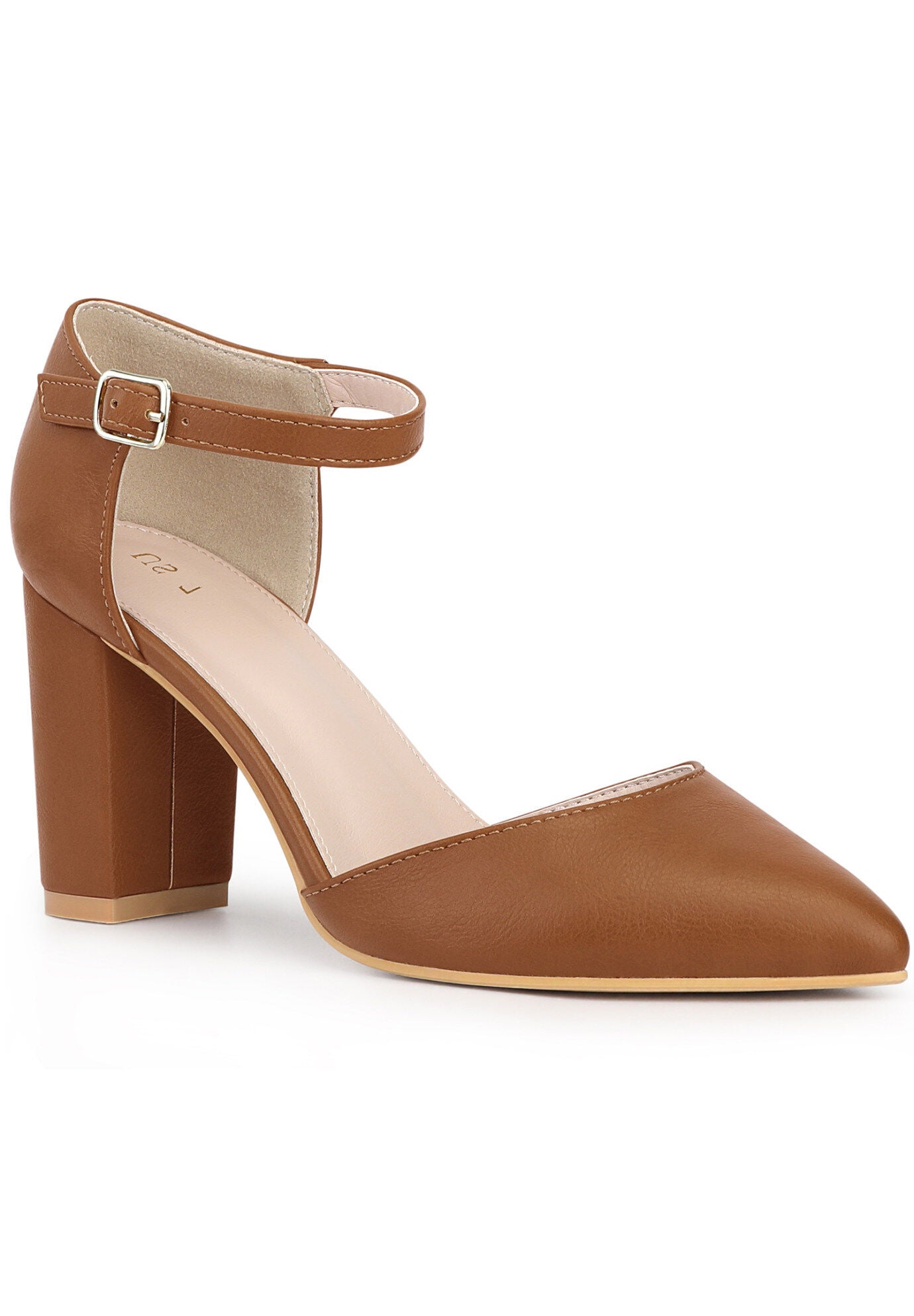 Pointed Toe Ankle Strap Pumps Chunky Heel, Brown / Brown, hi-res image number 0