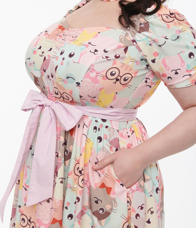 Unique Vintage 1950s Pink & Multicolor Cat Print Dakota Flare Dress, Pink  Multicolor Cat Print / Pink, alternate image number 1