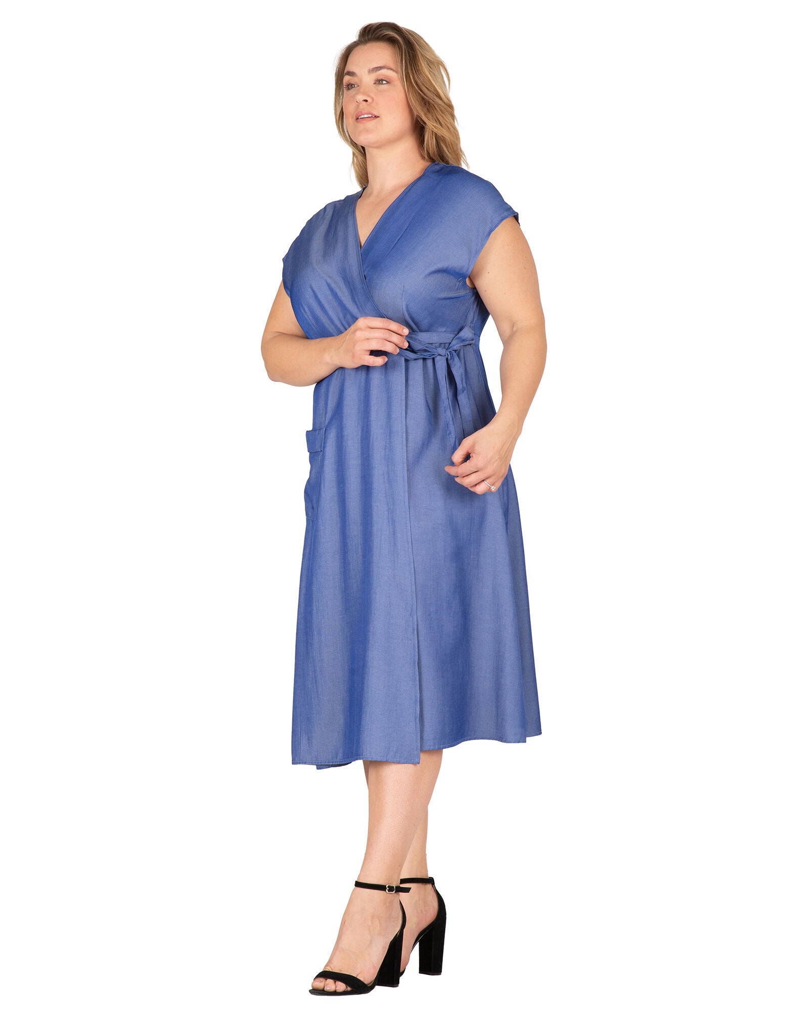 Hazel Women&#39;s Kimono Cap Sleeves Midi Wrap Dress, Indigo / Light Blue, alternate image number 2