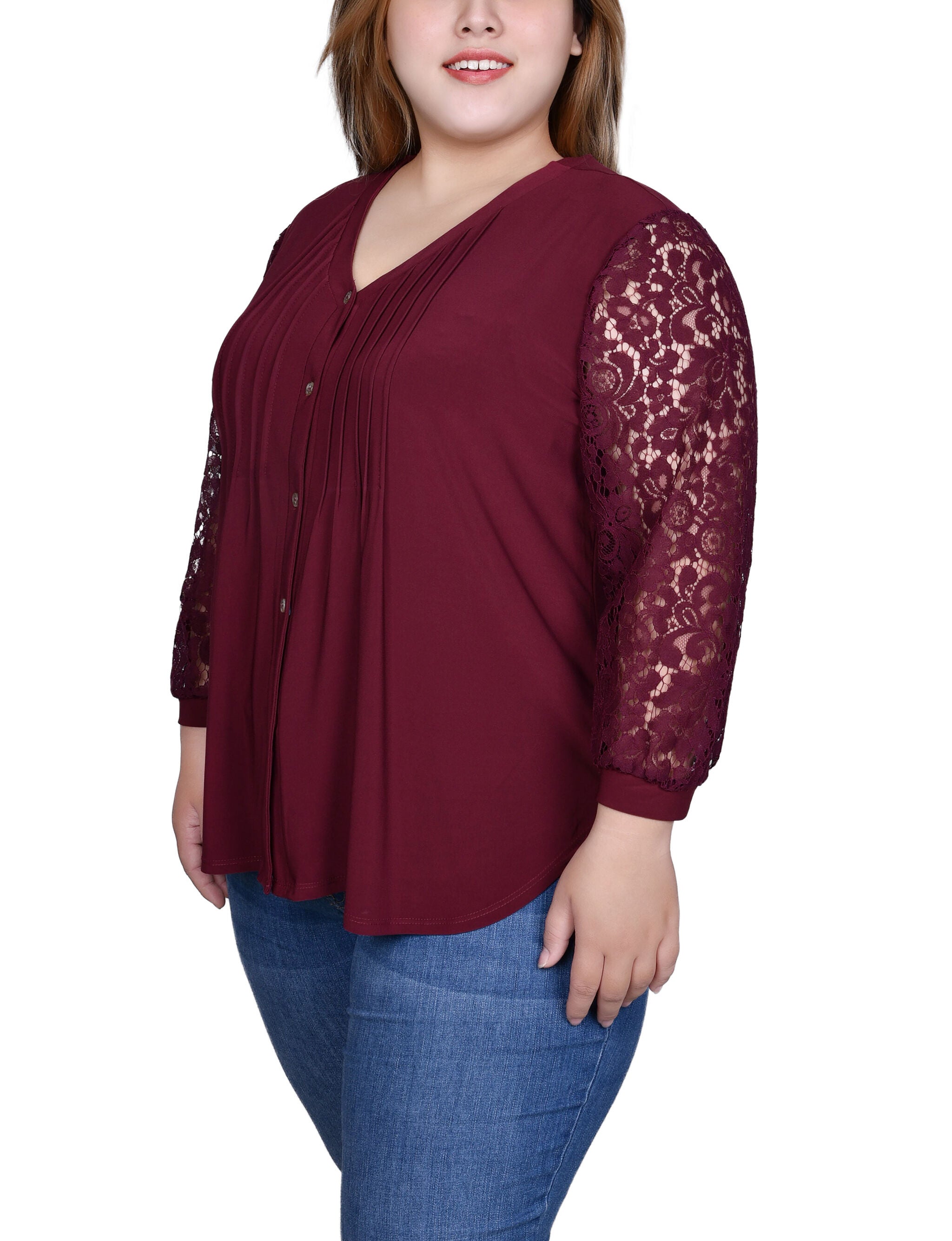 Lace-Sleeve V Neck Top, , alternate image number 4