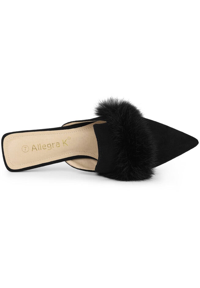 Pointed Toe Faux Fur Slip on Flat Slide Mules, Black / Black, alternate image number 3