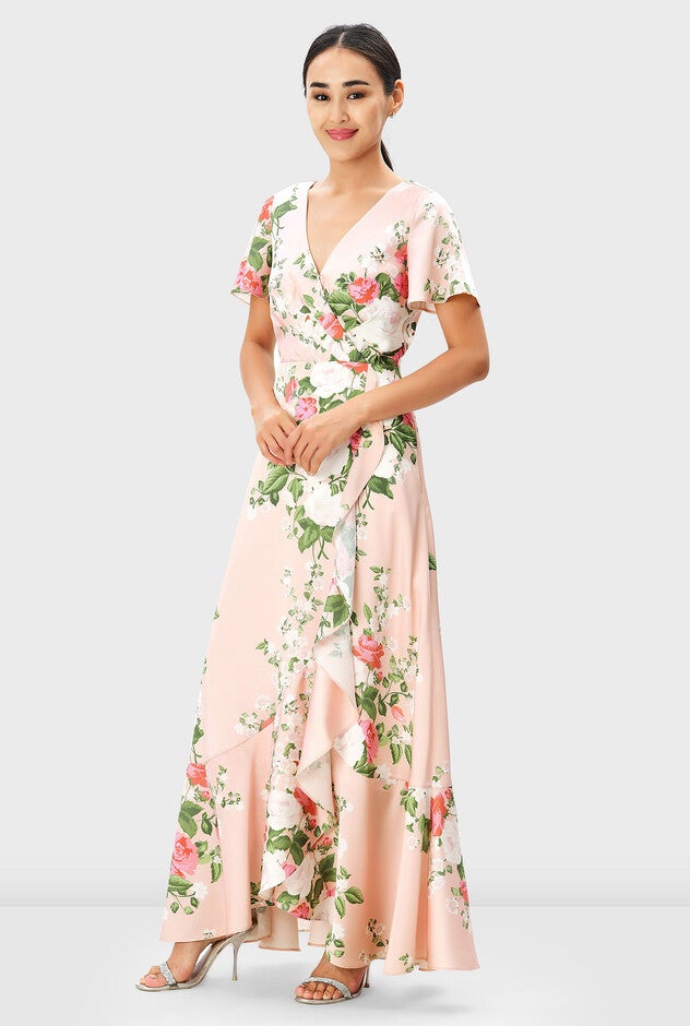 Floral Print Satin Faux-Wrap Dress, , alternate image number null