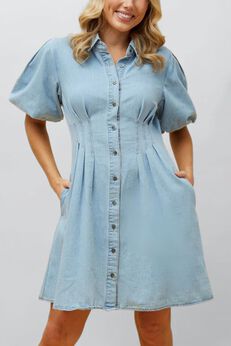 Viviane Soft Wash Denim Shirt Dress Short Sleeve