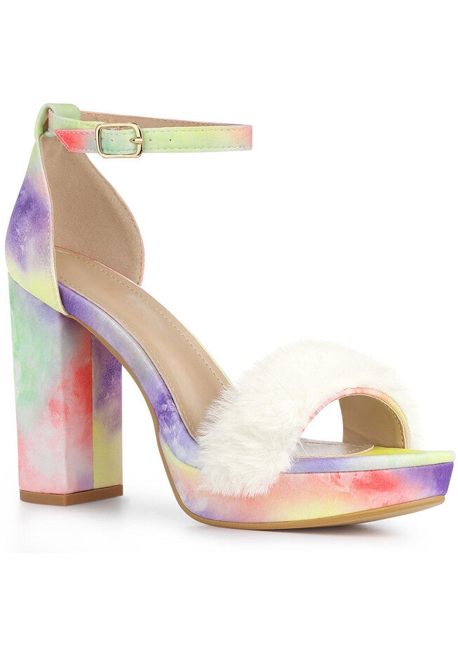Tie Dye Faux Fur Chunky Heels Platform Sandals, Purple / Purple, hi-res image number 0