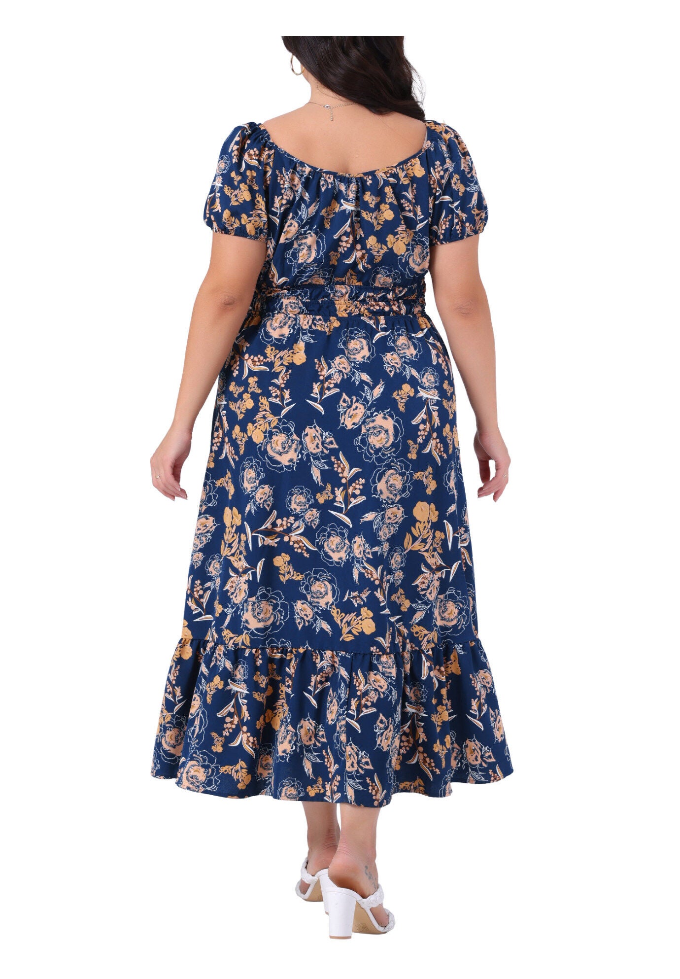 Square Neck Floral Short Sleeve Side Slit A Line Maxi Floral Dress, Navy Blue / Navy, alternate image number 3