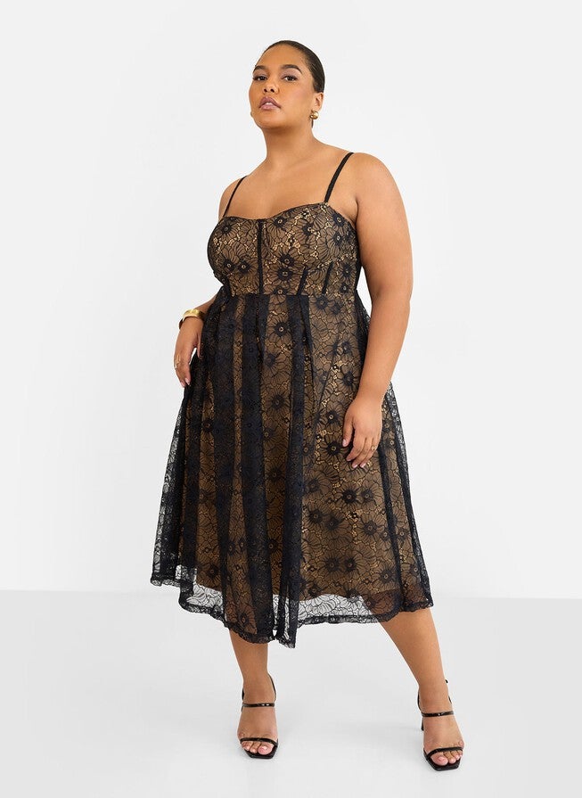 LORELEI LACE OVERLAY MIDI A LINE DRESS - BLACK | Dia & Co LORELEI LACE OVERLAY MIDI A LINE DRESS - BLACK | Dia & Co
