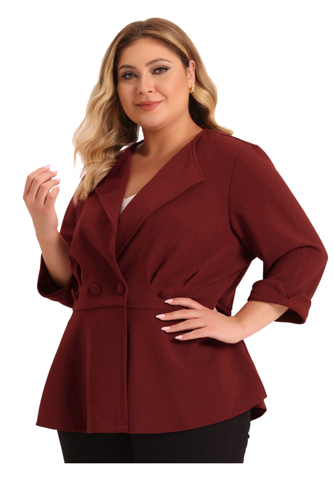 NOTCHED LAPEL PEPLUM JACKET SUIT BLAZER, Wine Red / Burgundy, alternate image number 2