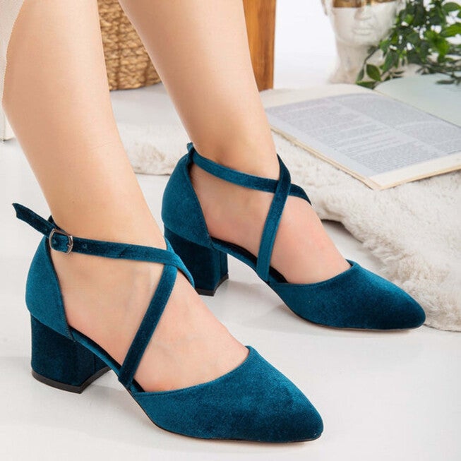 DOLLY - TEAL BLUE VELVET BLOCK HEELS, TEAL BLUE / Teal, alternate image number 1