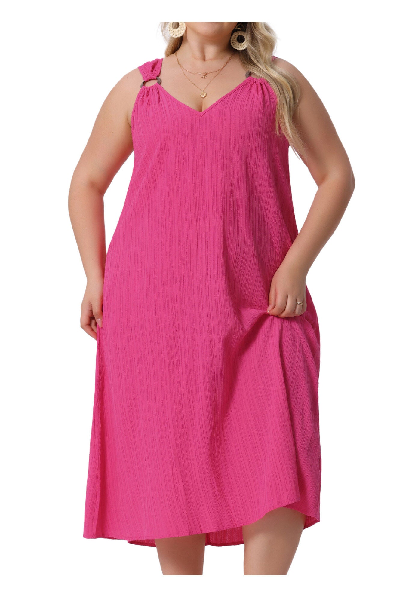 Summer Ring Strap Loose V Neck Sleeveless Sundress, Hot Pink / Deep Fuchsia, alternate image number 2
