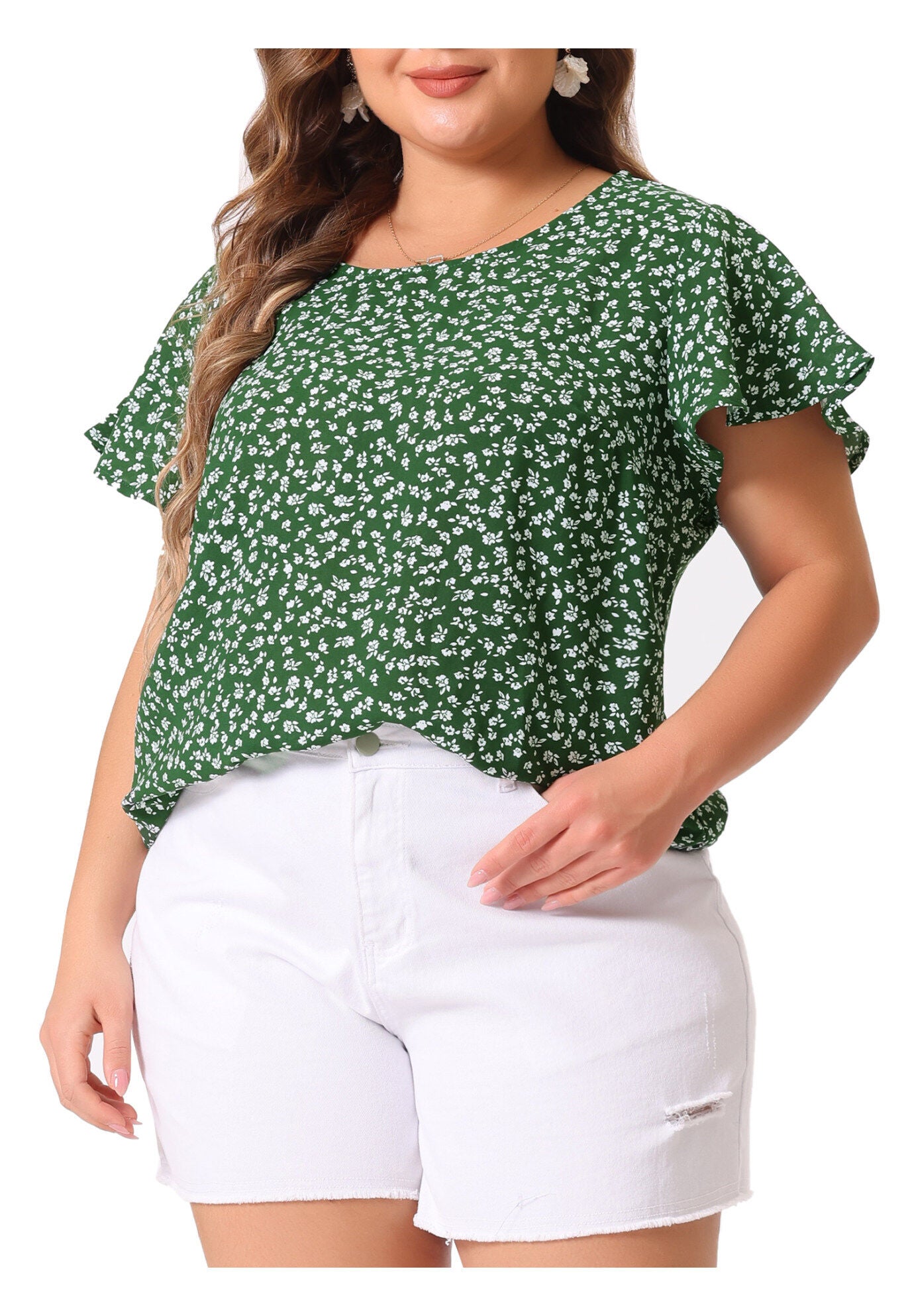 Flare Sleeve Round Neck Dense Floral Peplum Blouses, Green / Olive Green, alternate image number 1