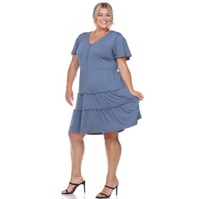 Short Sleeve V-neck Tiered Midi Dress, Blue / Light Blue, alternate image number 3
