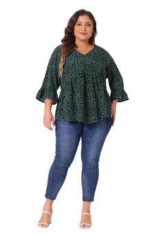 Polka Dots Blouse 3/4 Ruffle Sleeve Peplum Top