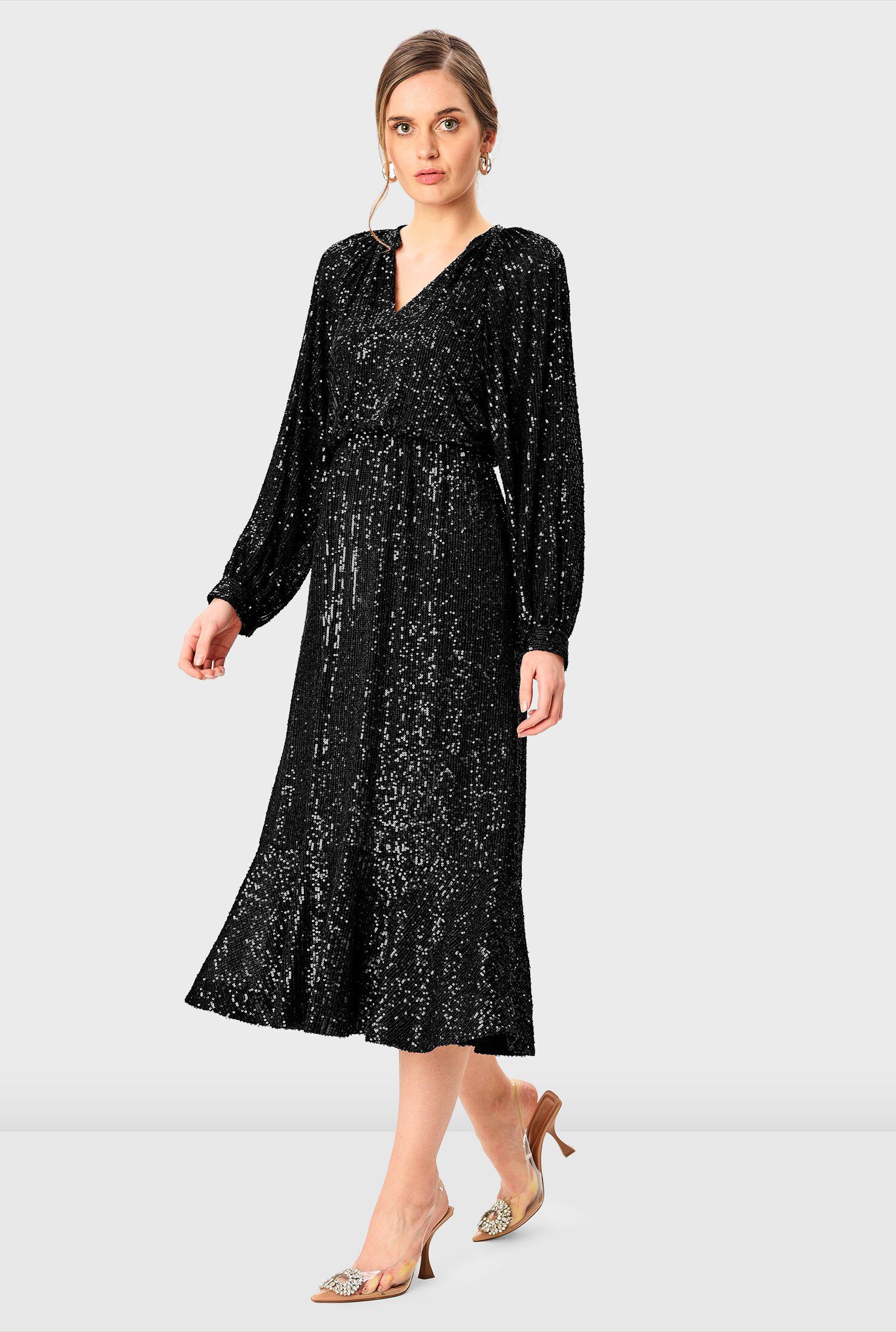 Sequin Mesh Ruffle Flounce Dress, Black / Black, alternate image number 2