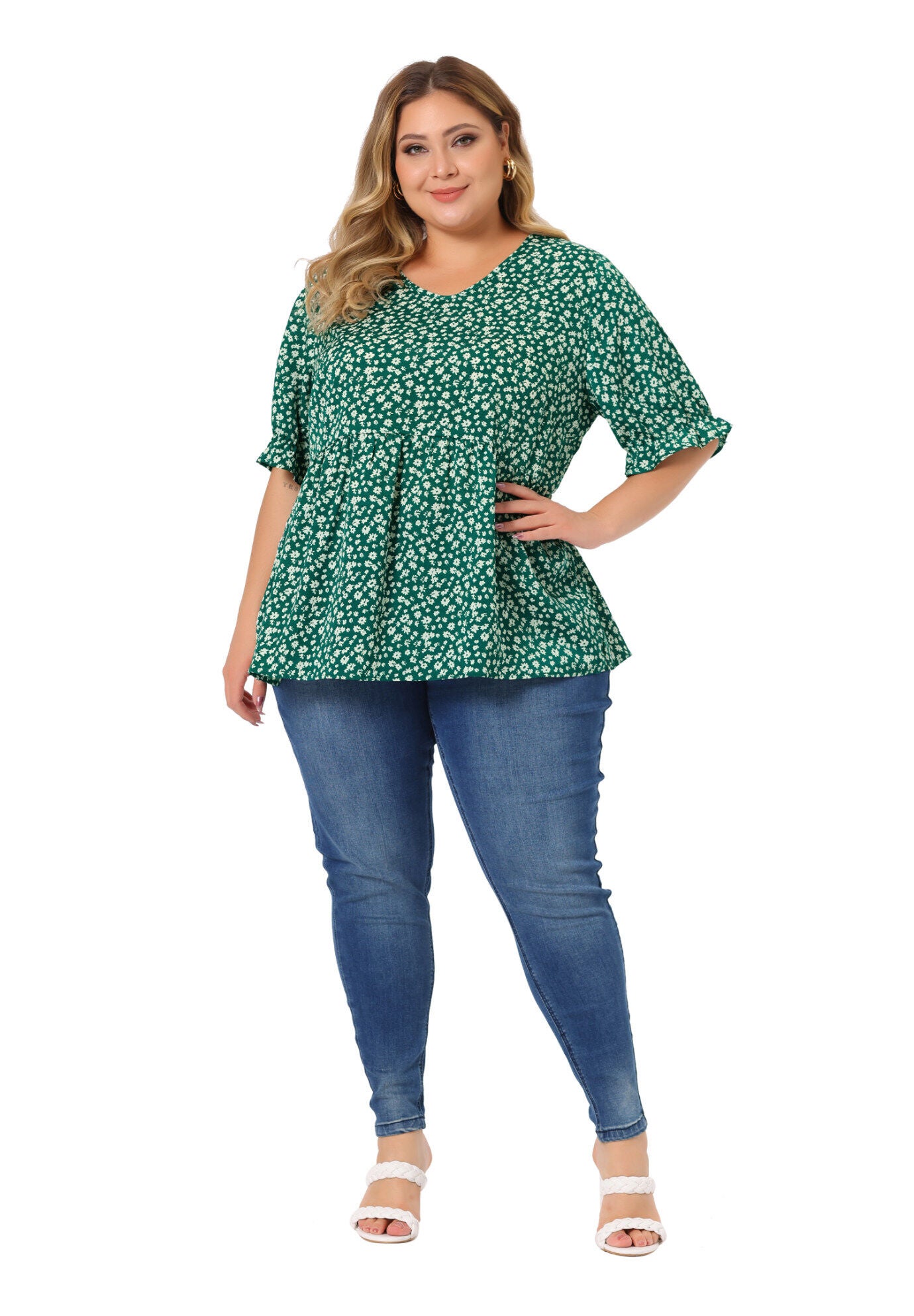Floral Peplum Top V Neck Ruffle Short Sleeve Babydoll Blouse, Green / Kelly Green, hi-res image number 0