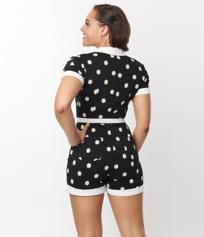Unique Vintage Daisy Print Patsy Romper, Black Floral / Black, alternate image number null