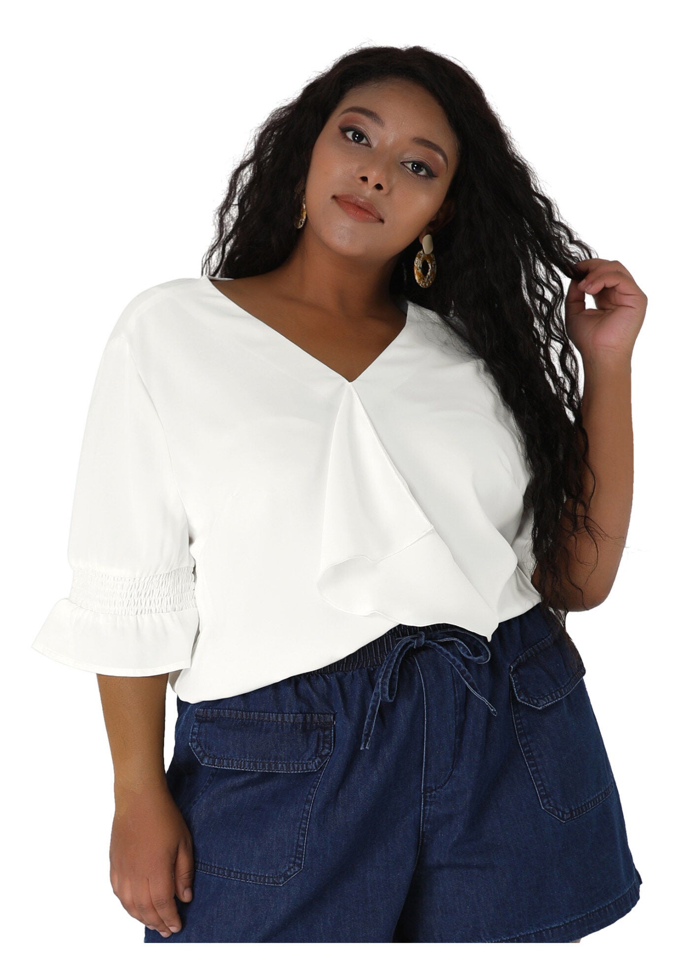 Ruffle Blouse V Neck Smocked Sleeves Top, White / White, hi-res image number 0