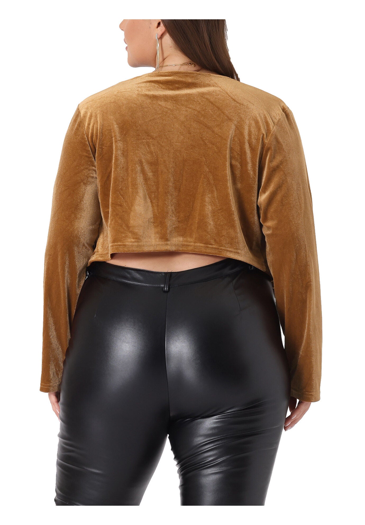 VELVET OPEN FRONT CROPPED JACKET CARDIGAN, Light Brown / Brown, alternate image number 3