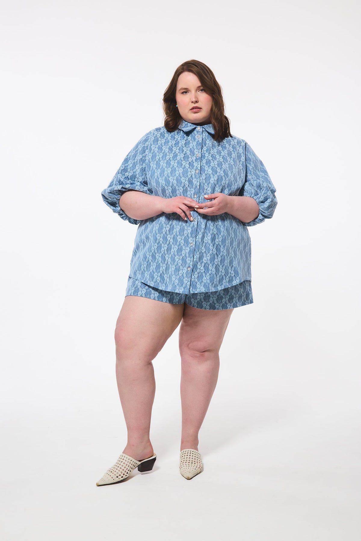 Denim Lace Puff Slv Blouse, BLUE / Medium Wash, hi-res image number 0