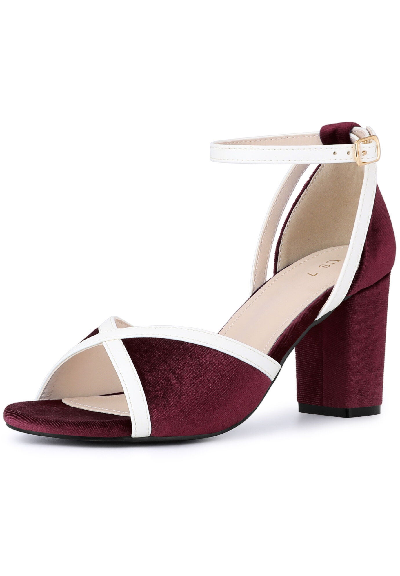 Velvet Open Toe Ankle Strap Chunky Heel Sandals, Burgundy / Burgundy, alternate image number 1