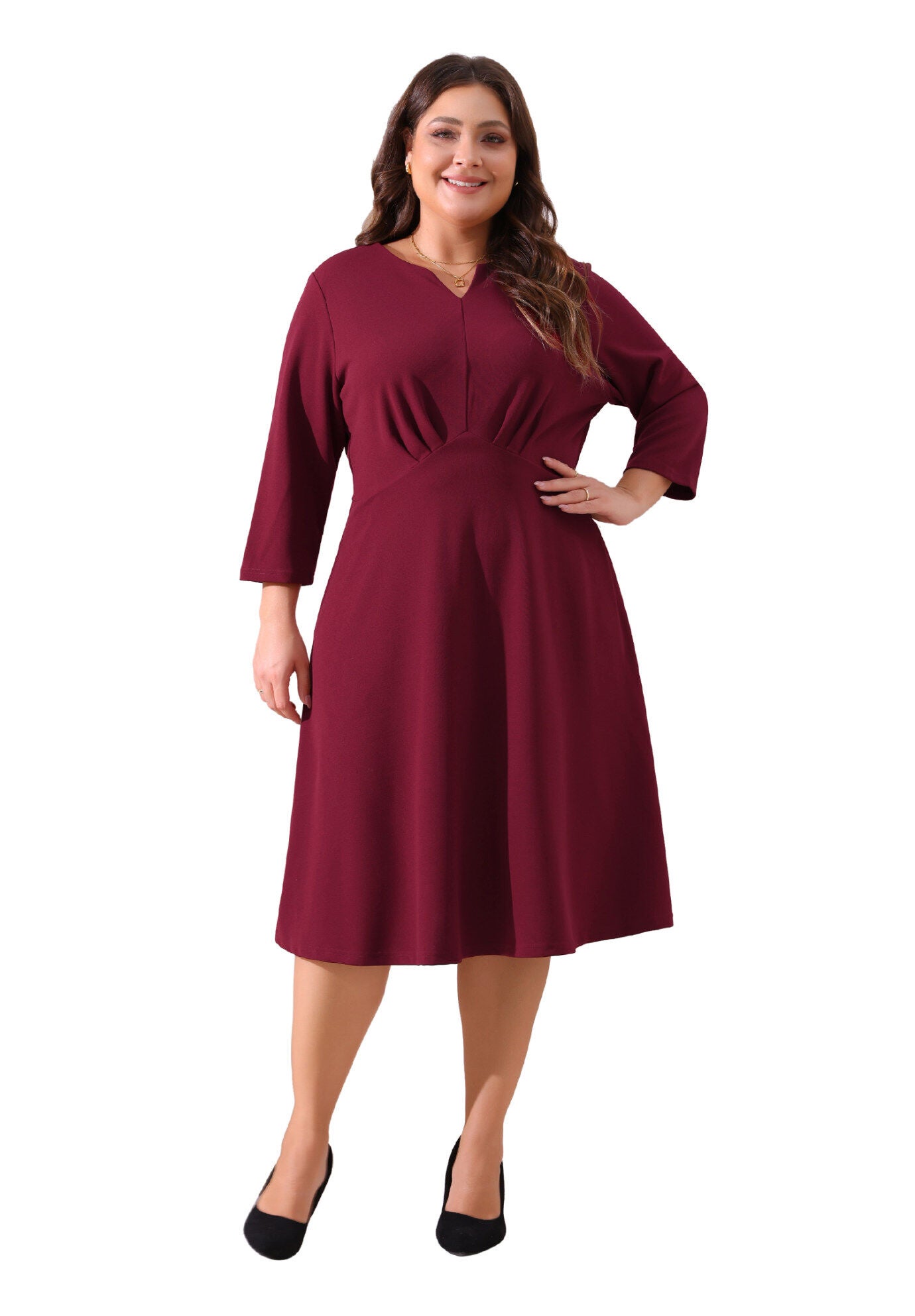 Notched V Neck 3/4 Sleeve A-Line Midi Dress, Burgundy / Burgundy, hi-res image number 0