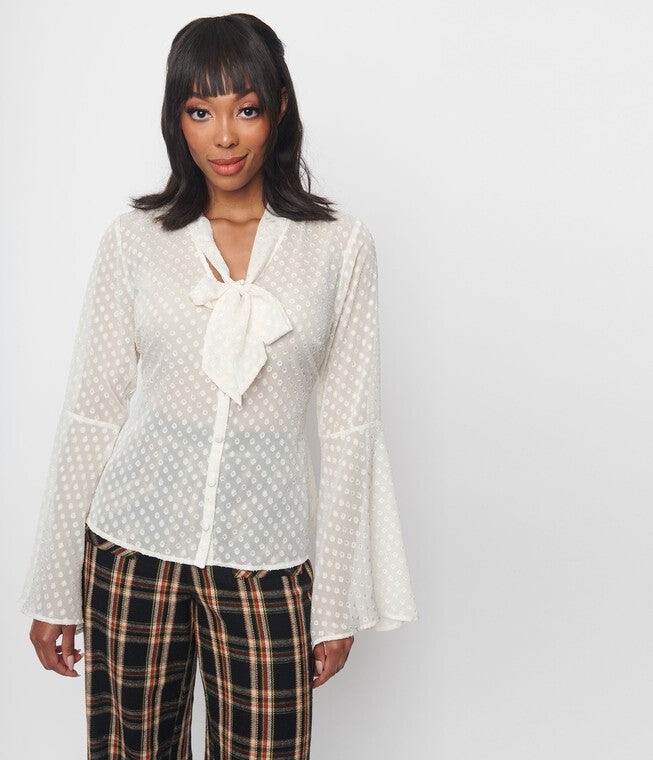 Smak Parlour Ivory Diamond Clip Dot Bow Blouse, Ivory / Ivory, alternate image number 1