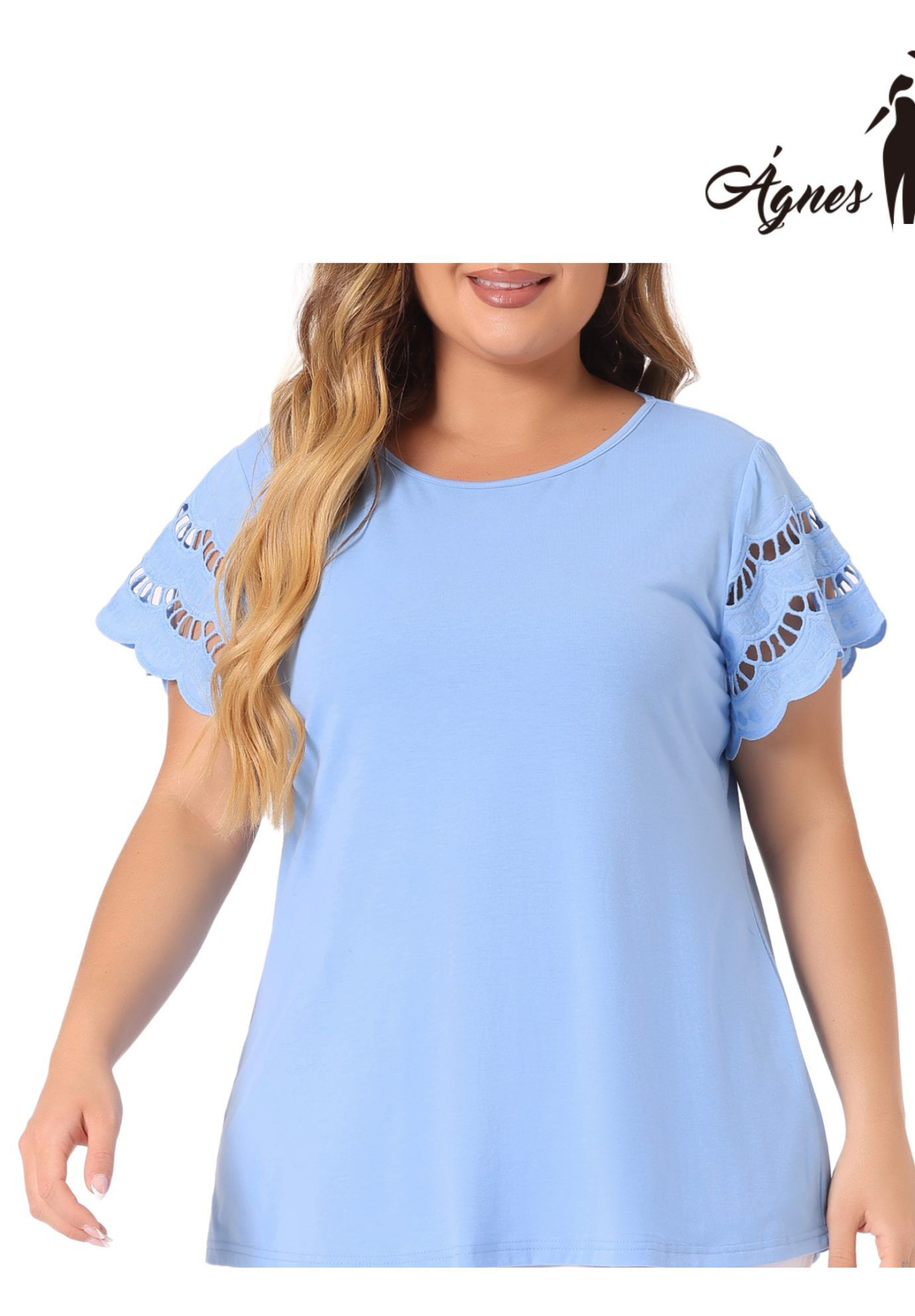 Lace Panel Hollow Short Sleeve Summer Blouse, Blue / Light Blue, alternate image number 1