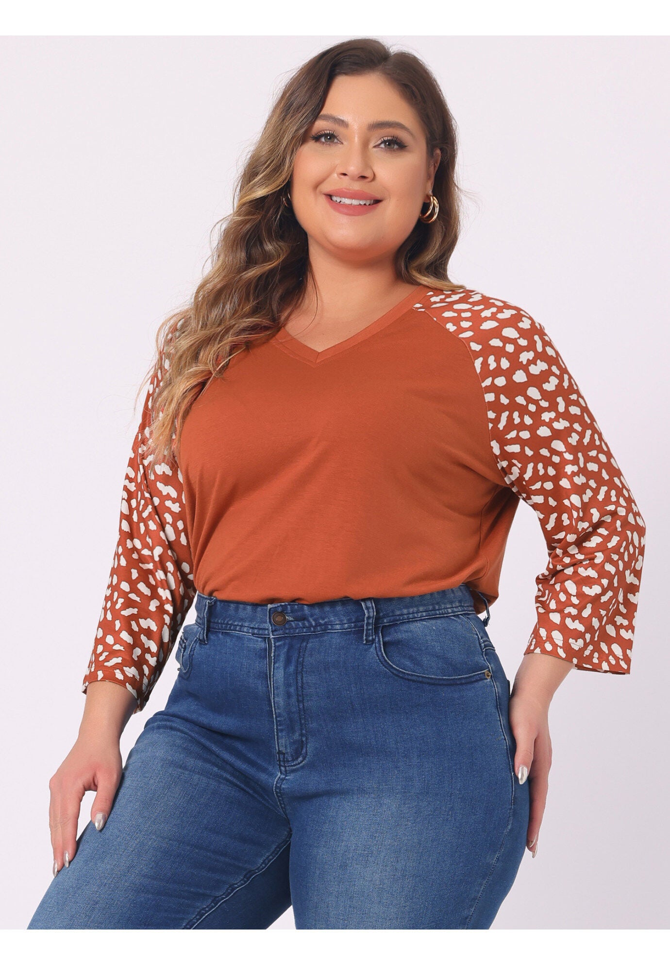 Casual V Neck 3/4 Sleeve Floral Raglan Top, Orange / Orange, alternate image number 1