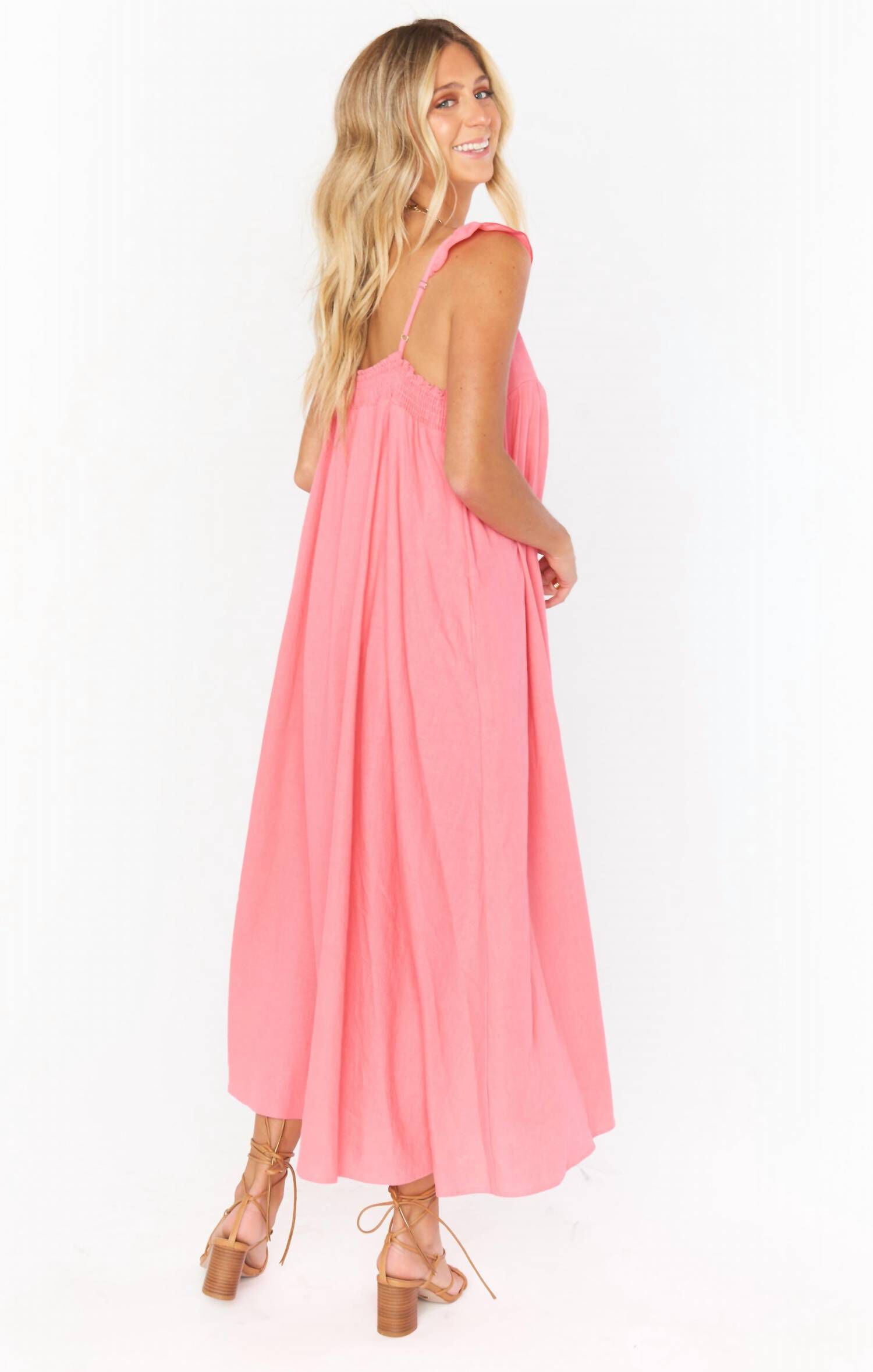 OASIS RUFFLE DRESS IN FLAMINGO PINK LINEN, Flamingo Pink Linen / Pink, alternate image number 2