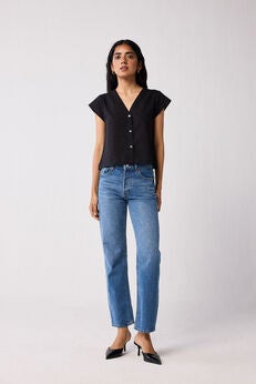 V-Neck Embroidered Top with Front Buttons in Black