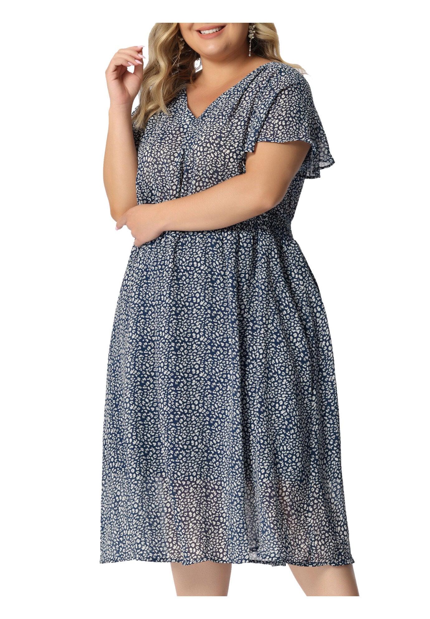 Summer Floral Print V Neck Smocked A-Line Flowy Midi Dress, Dark Blue / Navy, alternate image number 1