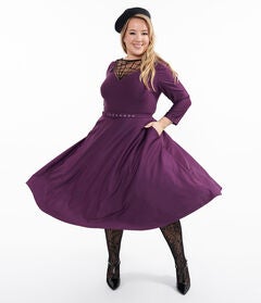 1950s Eggplant & Black Spiderweb Devon Swing Dress