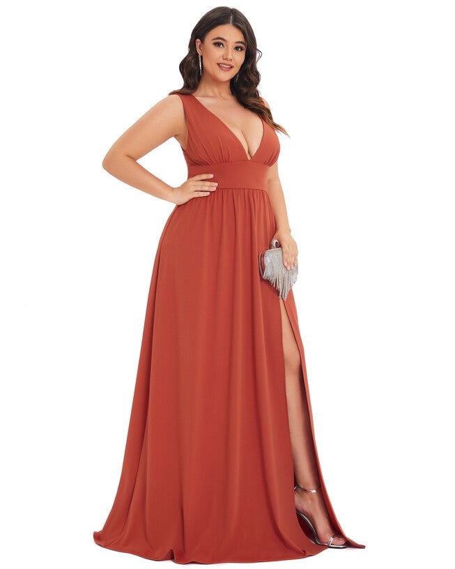 Sleeveless V-Neck Empire Waist High Slit Floor-Length Evening Dress, Burnt Orange / Burnt Orange, alternate image number 3
