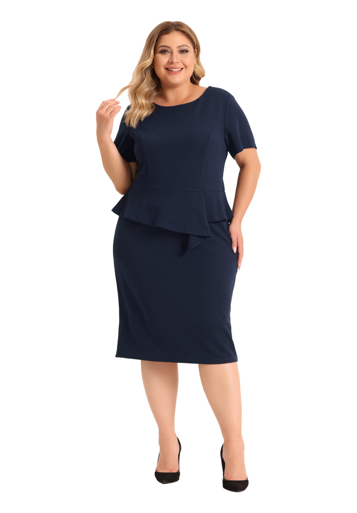 Short Sleeves Crew Neck Office Peplum Pencil Dress, Navy Blue / Navy, hi-res image number 0