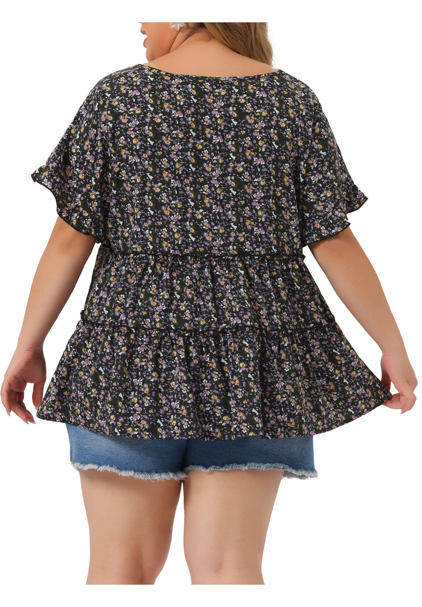 Floral Print V Neck Ruffles Sleeve Tiered Babydoll Blouse, Black Purple / Purple, alternate image number 3